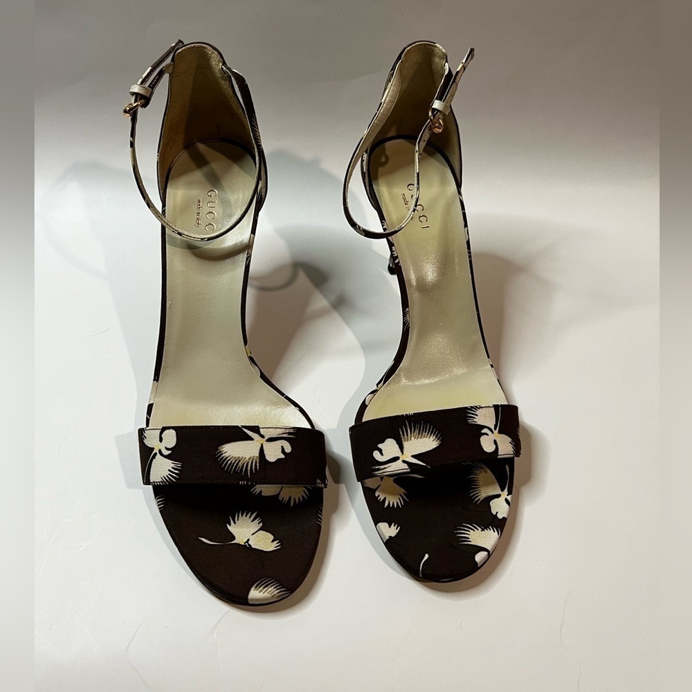 GUCCI Floral Printed Brown Ankle Stiletto Heels Sandals Size 7 - Picture 5 of 7